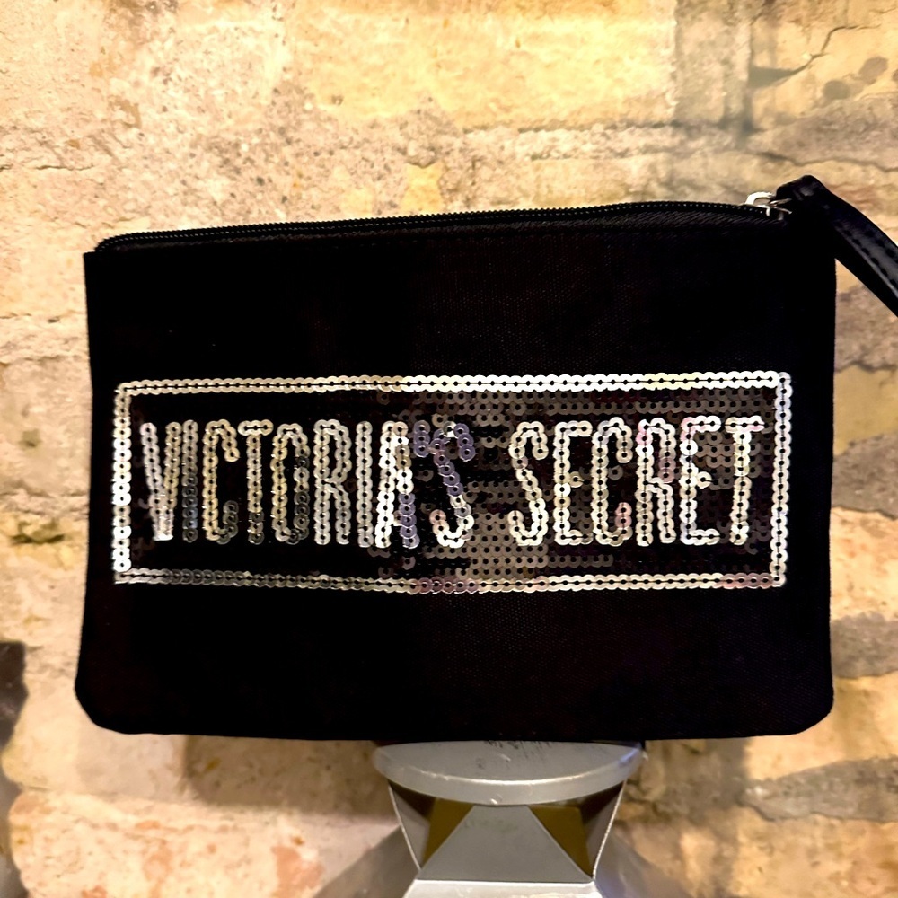 Victoria’s Secret make up pouch/ wristlet in black with silver sequence